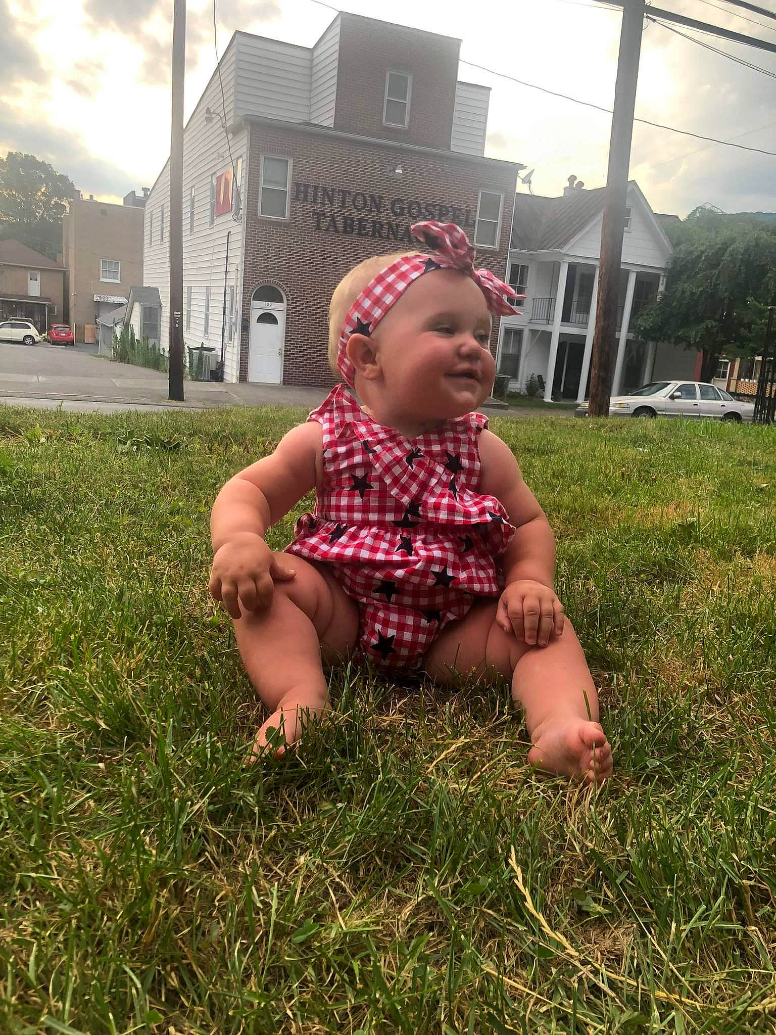Lilac is registered to the contest to win money with this photo: baby, baby_toddler_clothing, building, dress, fun, grass, grass_family, grassland, happy, hat, house, mammal, meadow, people_in_nature, person, plant, sky, toddler, tree, vertebrate