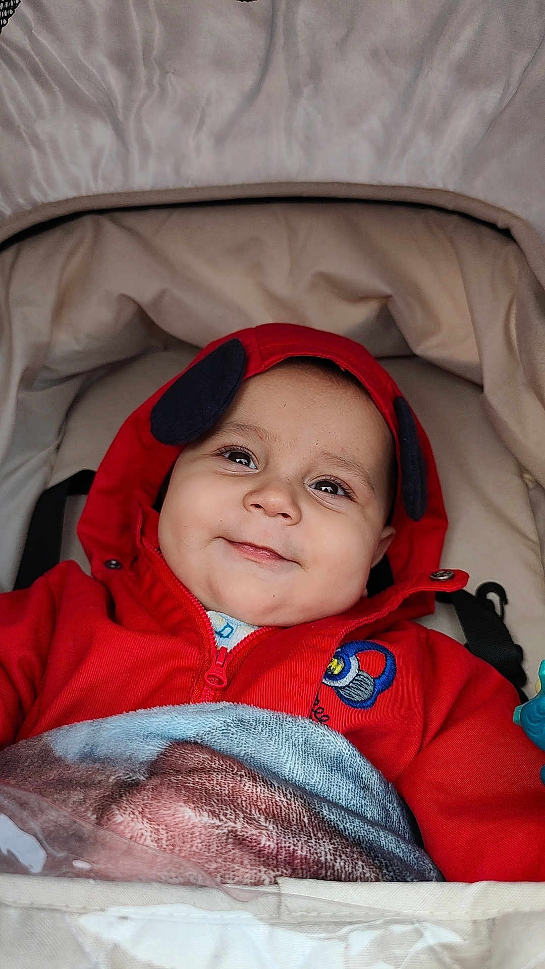 Elianno a rejoint le concours — aidez-le/la à gagner de superbes lots ! baby, child, smile, hoodie, red_clothing, blanket, stroller, face, infant, happy, cute, portrait, baby_girl, baby_boy, outdoor, bundle_up, warm, cozy, clothing, person