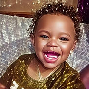Carmelo is registered to the contest to win money with this photo: child, toddler, smiling, happy, curly_hair, shirt, text_on_clothing, sparkles, glitter_effect, portrait, indoor, cushion, background, face, joy, cute, person, seated, closeup, bright