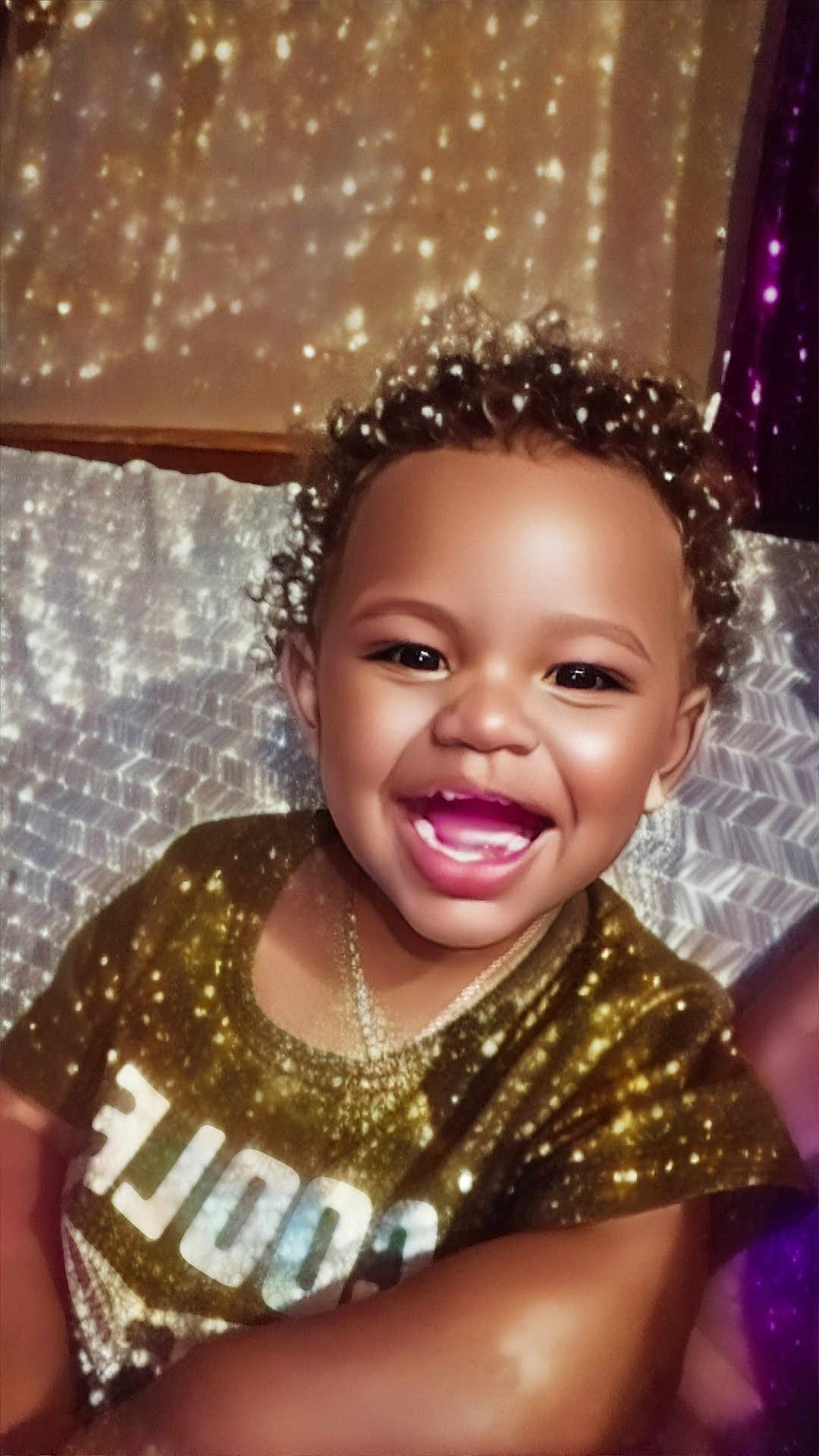 Carmelo is registered to the contest to win money with this photo: child, toddler, smiling, happy, curly_hair, shirt, text_on_clothing, sparkles, glitter_effect, portrait, indoor, cushion, background, face, joy, cute, person, seated, closeup, bright