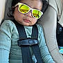 Reyaansh is registered to the contest to win money with this photo: baby, infant, child, sunglasses, car_seat, seatbelt, buckle, mirror_reflection, portrait, closeup, green_pajamas, hair, hand, relaxed, cool, sun_glasses_reflection, safety_harness, tiny_person, indoors, travel