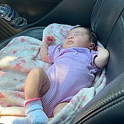 Kamiya joined the competition — help win amazing prizes! baby, sleeping, car_seat, blanket, onesie, socks, interior, car, door, water_bottle, leather, seat, infant, child, resting, cute, soft, pink, striped, peaceful
