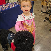 Nikita is registered to the contest to win money with this photo: child, dog, indoor, curly_hair, dress, pink, black_dog, pet, playful, leash, concrete_floor, display_table, curious, girl, animal, friendship, costume, interaction, portrait, event