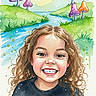 artwork, background, child, colorful, curly_hair, fantasy, girl, happy, hills, illustration, mushrooms, nature, painting, portrait, river, sky, smile, watercolor, whimsical, young