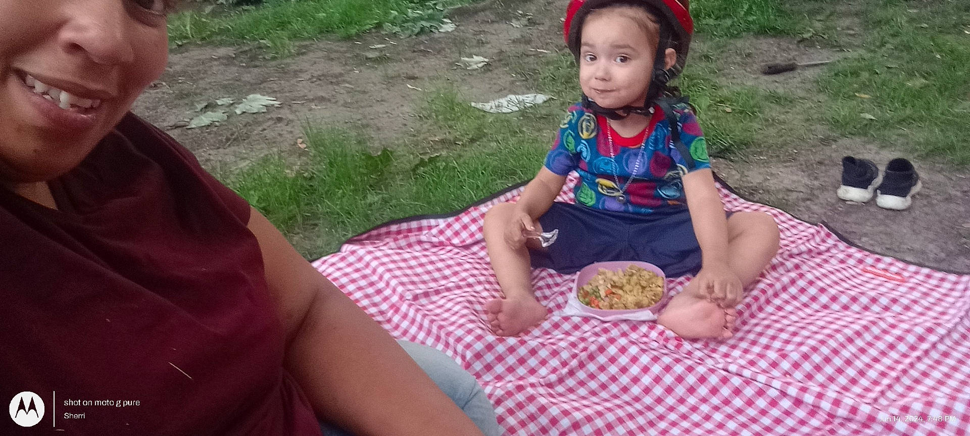 Gage joined the competition — help win amazing prizes! accessories, baby, clothing, face, footwear, fun, grass, hat, head, helmet, jewelry, leisureactivities, nature, necklace, person, photography, picnic, plant, portrait, shoe