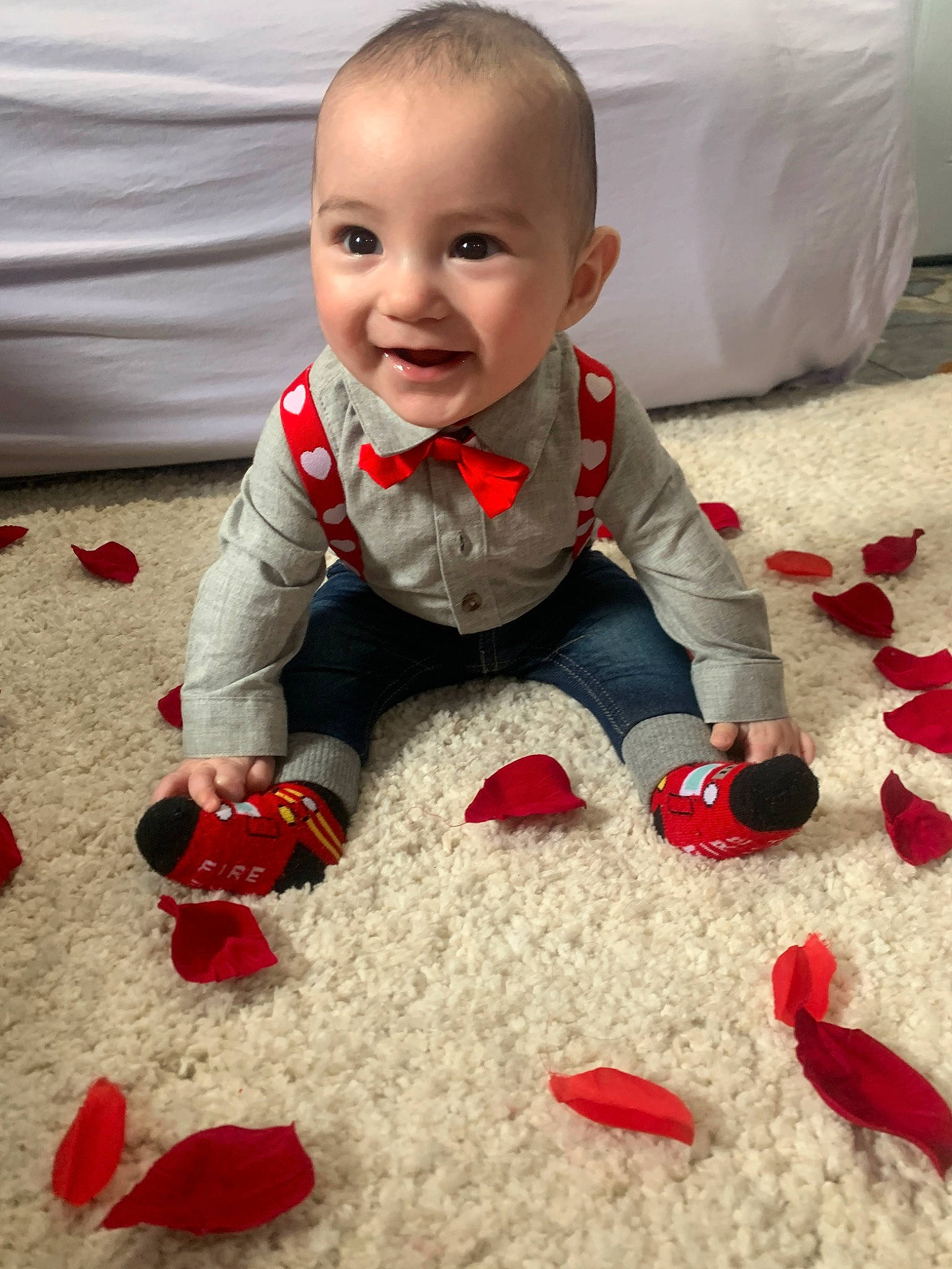 Maximiliano joined the competition — help win amazing prizes! baby, carmine, cheek, child, crawling, floor, flooring, head, joy, lip, outerwear, person, play, red, sitting, skin, toddler, toy