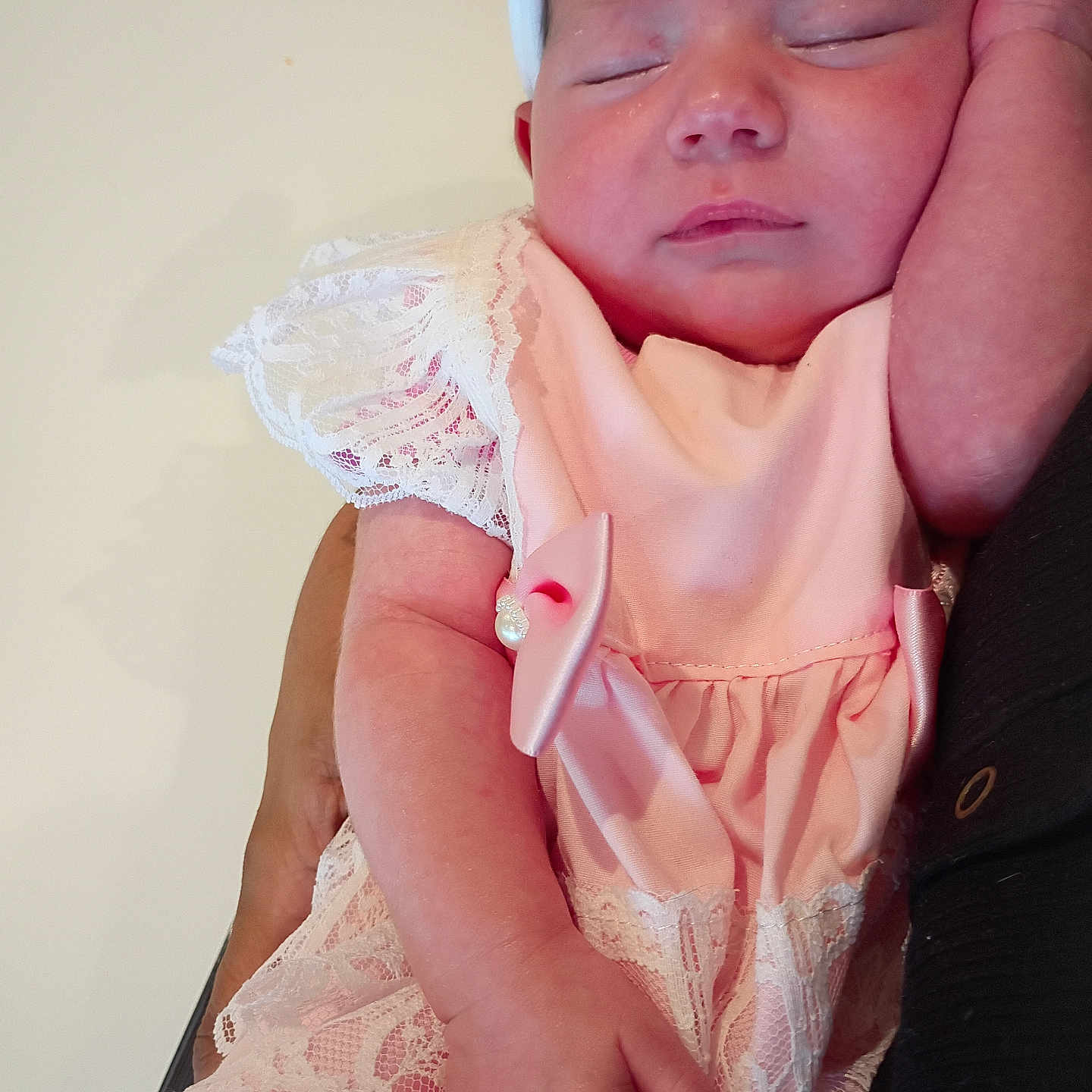 Phantaisa joined the competition — help win amazing prizes! baby, sleeping, pink_dress, lace, headband, infant, child, person, hand, arm, closeup, portrait, peaceful, soft_lighting, indoor, newborn, cute, adorable, gentle, resting