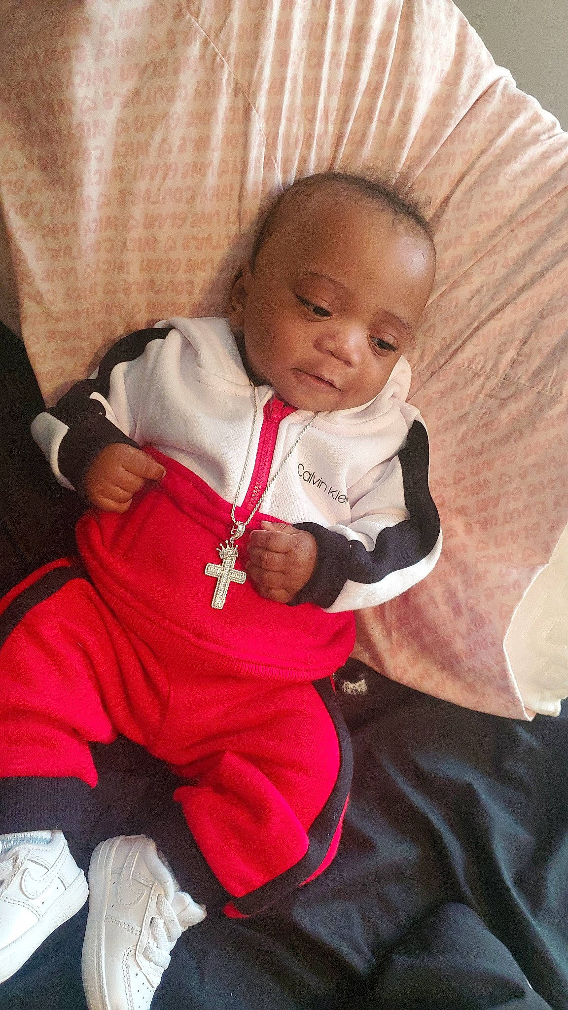 Jeremiah joined the competition — help win amazing prizes! baby, baby_products, baby_toddler_clothing, carmine, cheek, child, comfort, fun, happy, laugh, linens, magenta, person, pink, sitting, sleeve, smile, toddler, wood