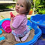 toddler, child, sandbox, sand, toy, pink_shirt, floral_shorts, socks, outdoor, garden, greenery, patio, bench, blue_sandbox, summer, play, cute, daylight, person, nature