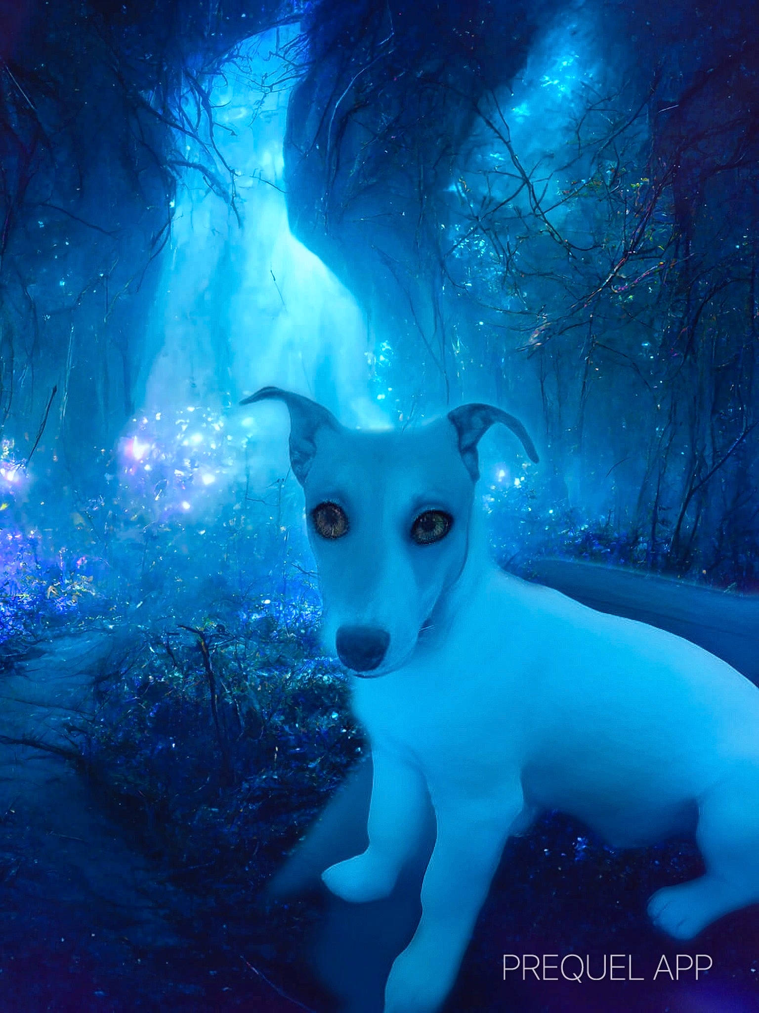 Pacco a rejoint le concours — aidez-le/la à gagner de superbes lots ! art, atmosphere, atmospheric_phenomenon, blue, carnivore, darkness, dog, electric_blue, fawn, flash_photography, freezing, light, nature, organism, painting, people_in_nature, plant, tail, tree, wildlife