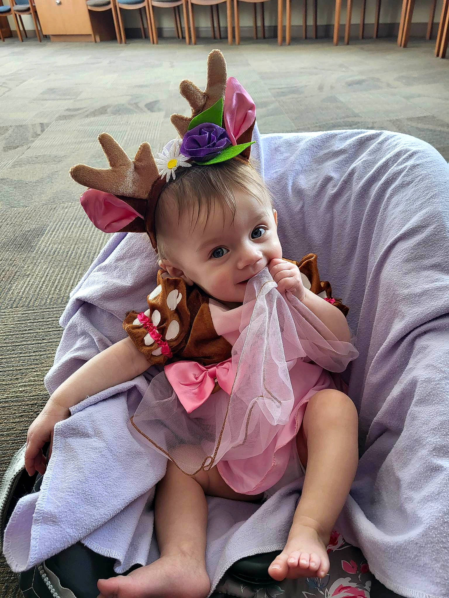 Lillianna joined the competition — help win amazing prizes! baby, baby_products, baby_toddler_clothing, child, costume, costume_hat, dress, event, fashion_accessory, fun, grass, hair_accessory, happy, headband, headpiece, party_hat, person, pink, purple, sitting
