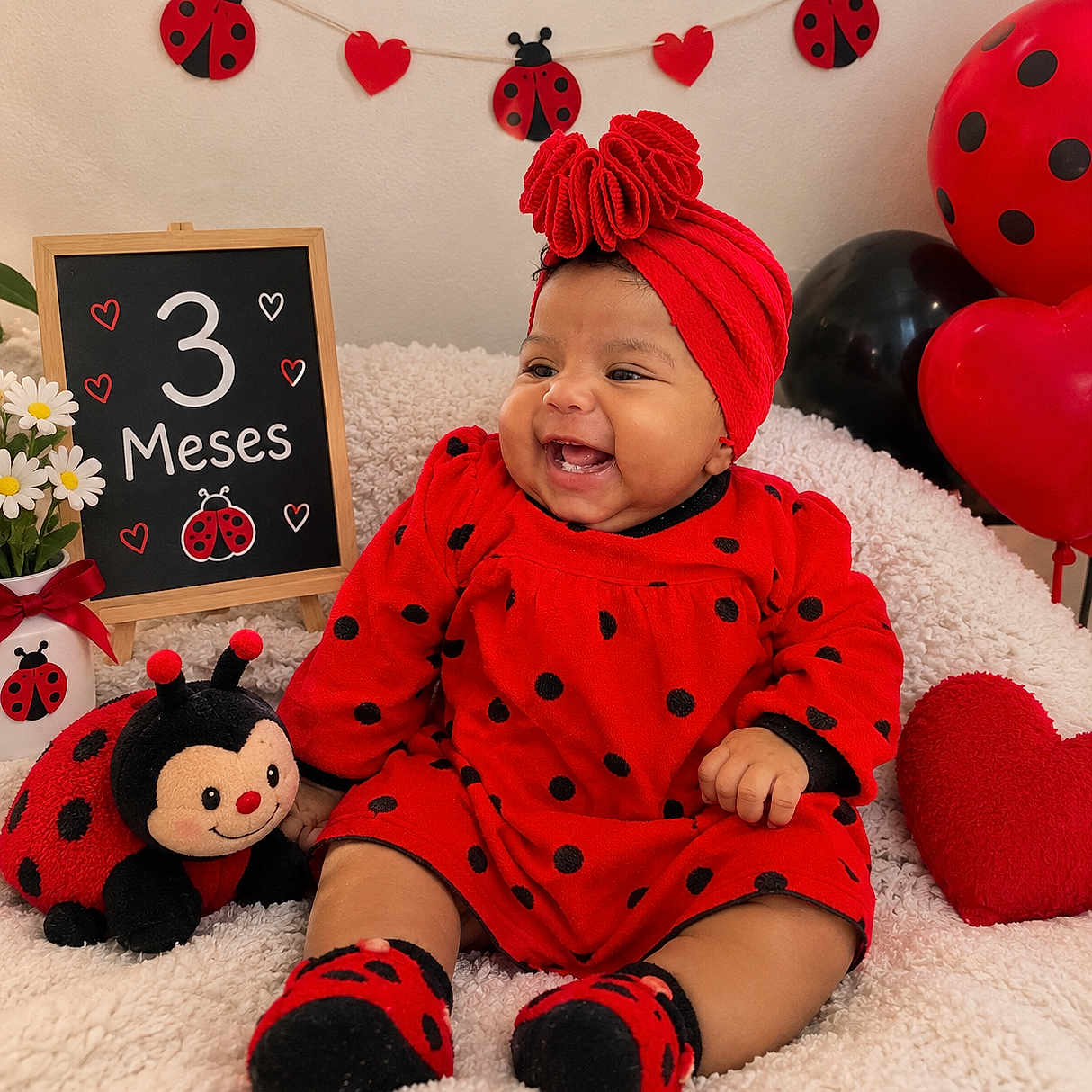 Kehlani joined the competition — help win amazing prizes! baby, infant, child, smiling, portrait, ladybug_costume, red_clothing, polka_dots, headwrap, baby_booties, sitting, indoor, birthday, three_months, balloons, hearts, flowers, stuffed_toy, blanket, chalkboard