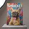 animal, art, closeup, colorful, completed_puzzle, decor, display, dog, french_bulldog, fun, hobby, indoor, multicolored_background, pet, playful, portrait, puzzle, smiling, stand, tongue_out