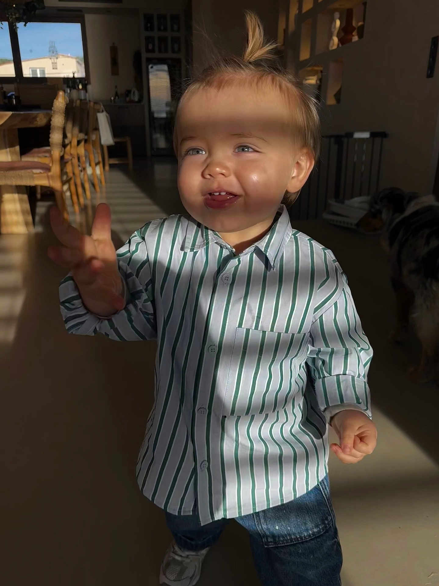 Orso participe au concours pour gagner de l'argent avec cette photo : child, toddler, striped_shirt, jeans, indoor, sunlight, shadow_stripes, smile, hand_reaching, topknot, blond_hair, blue_eyes, wooden_chairs, dining_table, dog, floor, sneakers, portrait, home_interior, cute