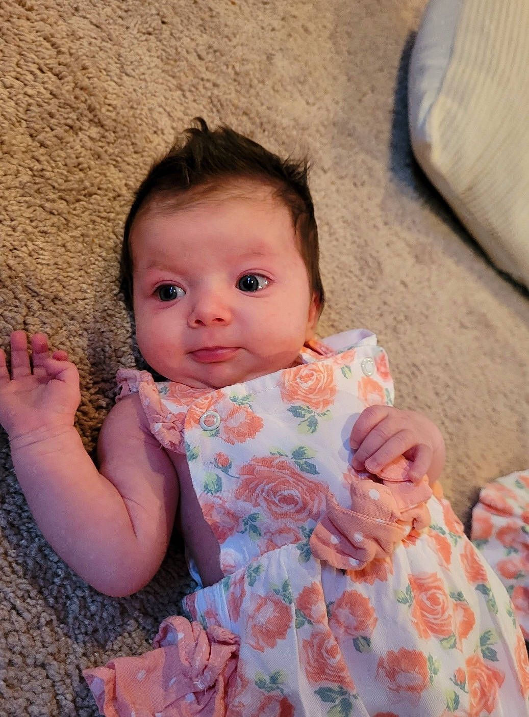 Emilia is registered to the contest to win money with this photo: baby, baby_toddler_clothing, cheek, chin, eye, eyelash, face, flash_photography, hair, hand, happy, head, iris, lip, neck, nose, person, pink, skin, sleeve