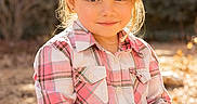 Zoe is registered to the contest to win money with this photo: casual_clothing, child, childhood, daylight, face, fall, girl, green_eyes, long_hair, nature, outdoor, person, plaid_shirt, portrait, relaxed, sitting, smile, sunlight, young, young_girl