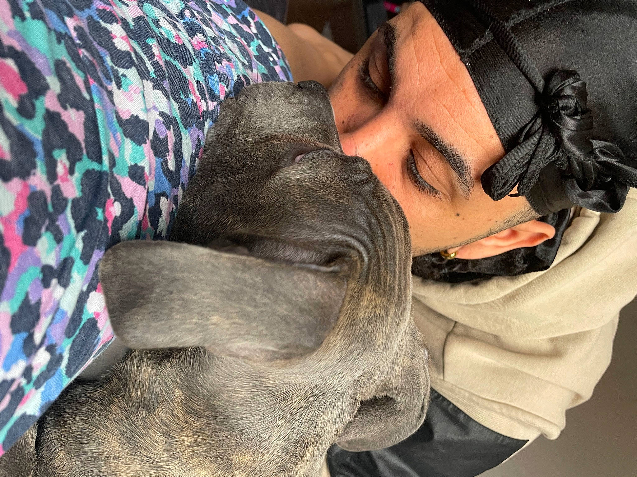 Rio is registered to the contest to win money with this photo: art, comfort, companion_dog, cool, eyelash, fashion_accessory, flesh, fur, gesture, human_leg, jaw, linens, mammal, mouth, nap, pattern, romance, sitting, working_animal, wrinkle