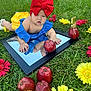baby, child, mirror, grass, red_bow, blue_clothing, yellow_clothing, red_apples, flowers, yellow_flowers, red_flowers, outdoor, nature, reflection, celebration, number_5, cute, infant, summer, playful