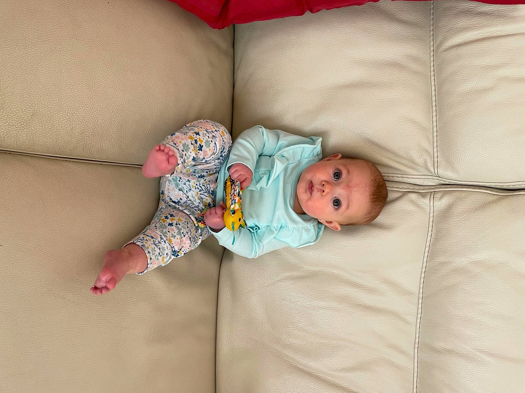 Fiona is registered to the contest to win money with this photo: baby, baby_products, baby_toddler_clothing, bedding, bedtime, child, comfort, couch, eye, head, human_body, linens, nap, pattern, person, room, sleep, sleeve, surprise, toddler