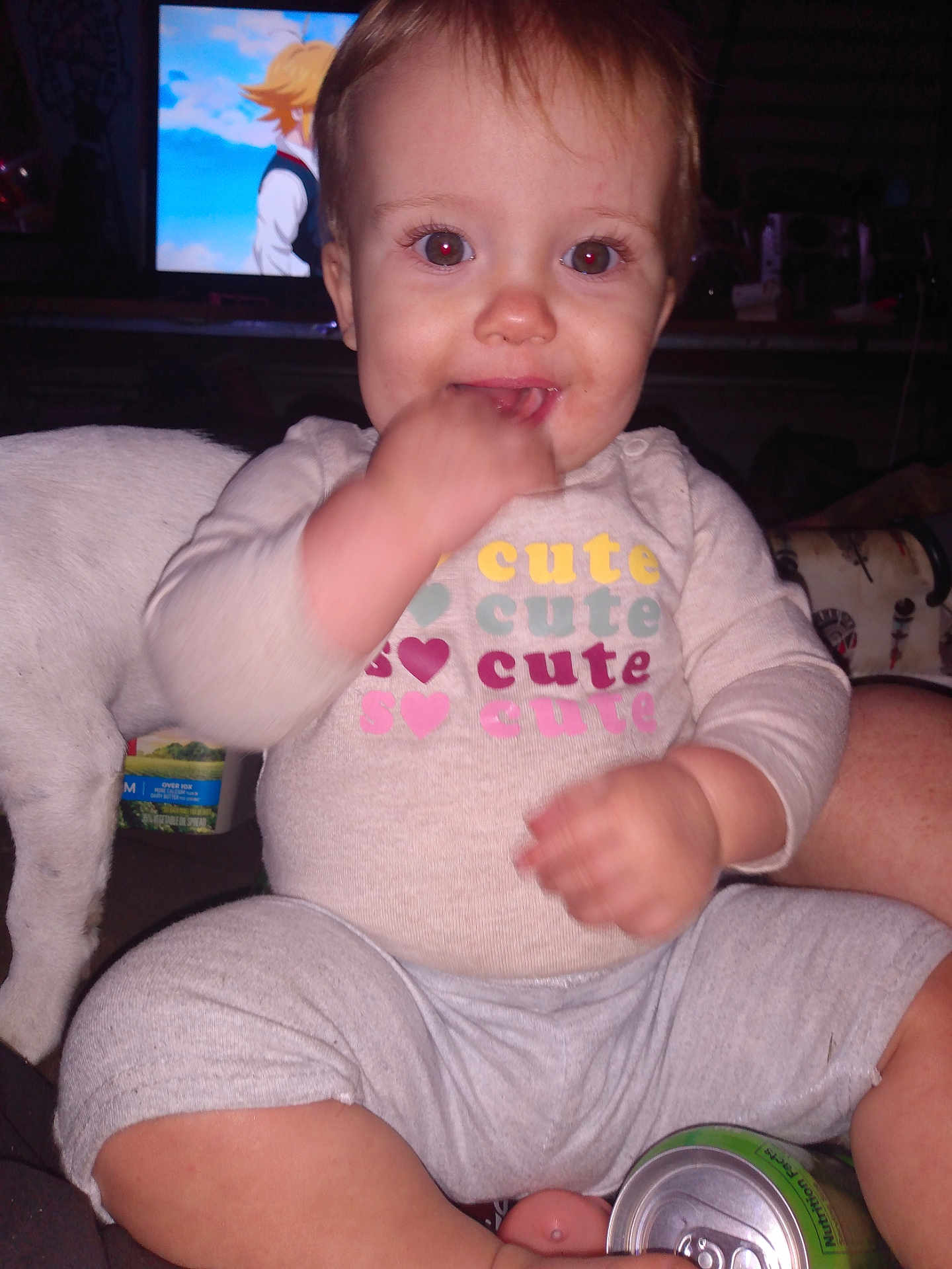Ara joined the competition — help win amazing prizes! baby, child, infant, cute, clothing, sitting, hand, face, dog, pet, television, animation, indoor, can, drink, person, smile, red_eye, blur, casual