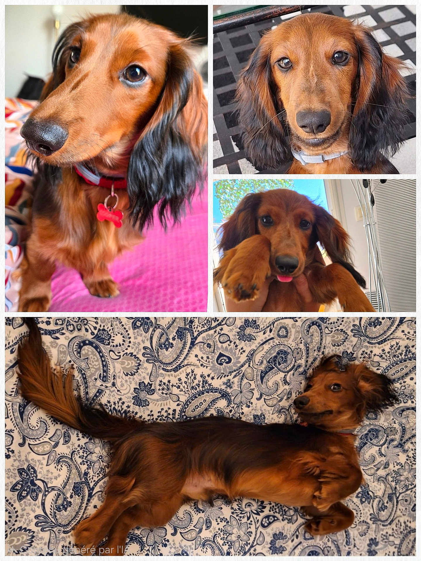 Cooper participe au concours pour gagner de l'argent avec cette photo : dog, dachshund, long_hair, pet, indoor, close_up, portrait, lying_down, bedspread, patterned, tongue_out, collage, brown, black, ears, cute, animal, fur, paw, relaxed