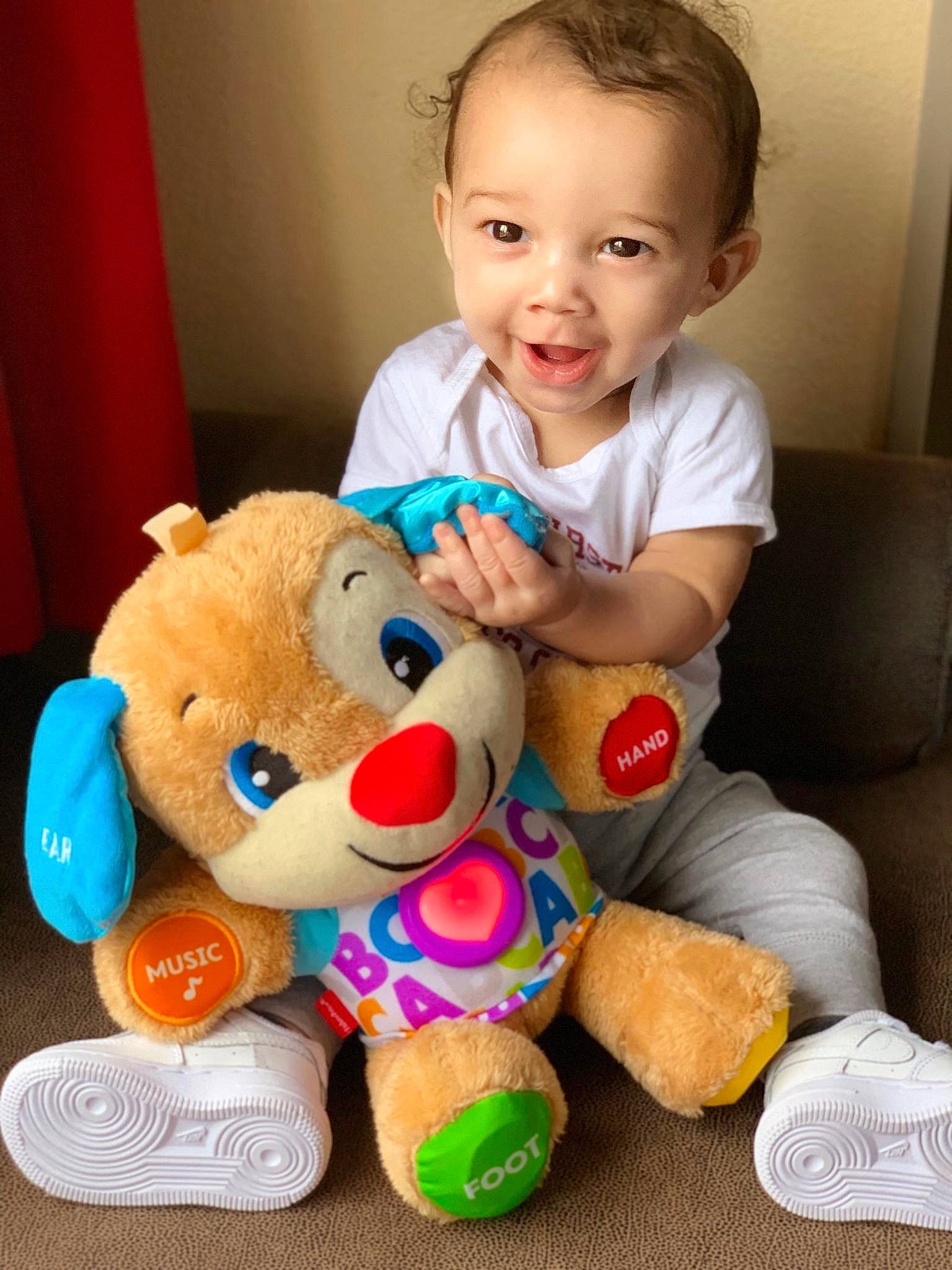 Elijah joined the competition — help win amazing prizes! baby, baby_playing_with_toys, baby_toys, child, fun, person, play, plush, room, smile, stuffed_toy, teddy_bear, textile, toddler, toy