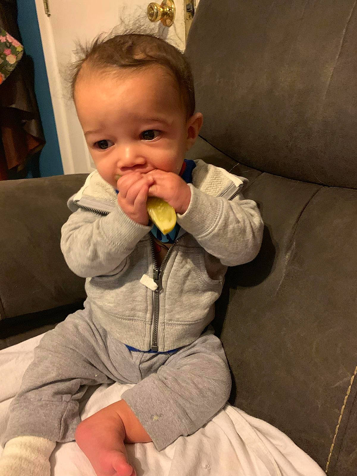 Elijah is registered to the contest to win money with this photo: baby, cheek, child, finger, joy, mouth, nose, person, sitting, skin, toddler