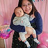 Kaiyus Zeb Vang is registered to the contest to win money with this photo: baby, woman, birthday, balloons, pink, party, celebration, glasses, smile, indoor, holding, music_player, phone_screen, lock_screen, pastel_colors, wood_floor, long_hair, dress, socks, cute