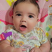 Luna joined the competition — help win amazing prizes! baby, child, infant, pink_bows, floral_dress, minnie_mouse, heart_shapes, baby_seat, cute, wide_eyes, expression, hands, colorful, toy_clip, patterned_clothing, indoor, portrait, happy, small_person, closeup
