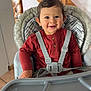 toddler, child, high_chair, smile, happy, indoor, wooden_stairs, straps, red_shirt, face, person, baby, seat, tray_table, curly_hair, home, cute, young_child, sitting, portrait