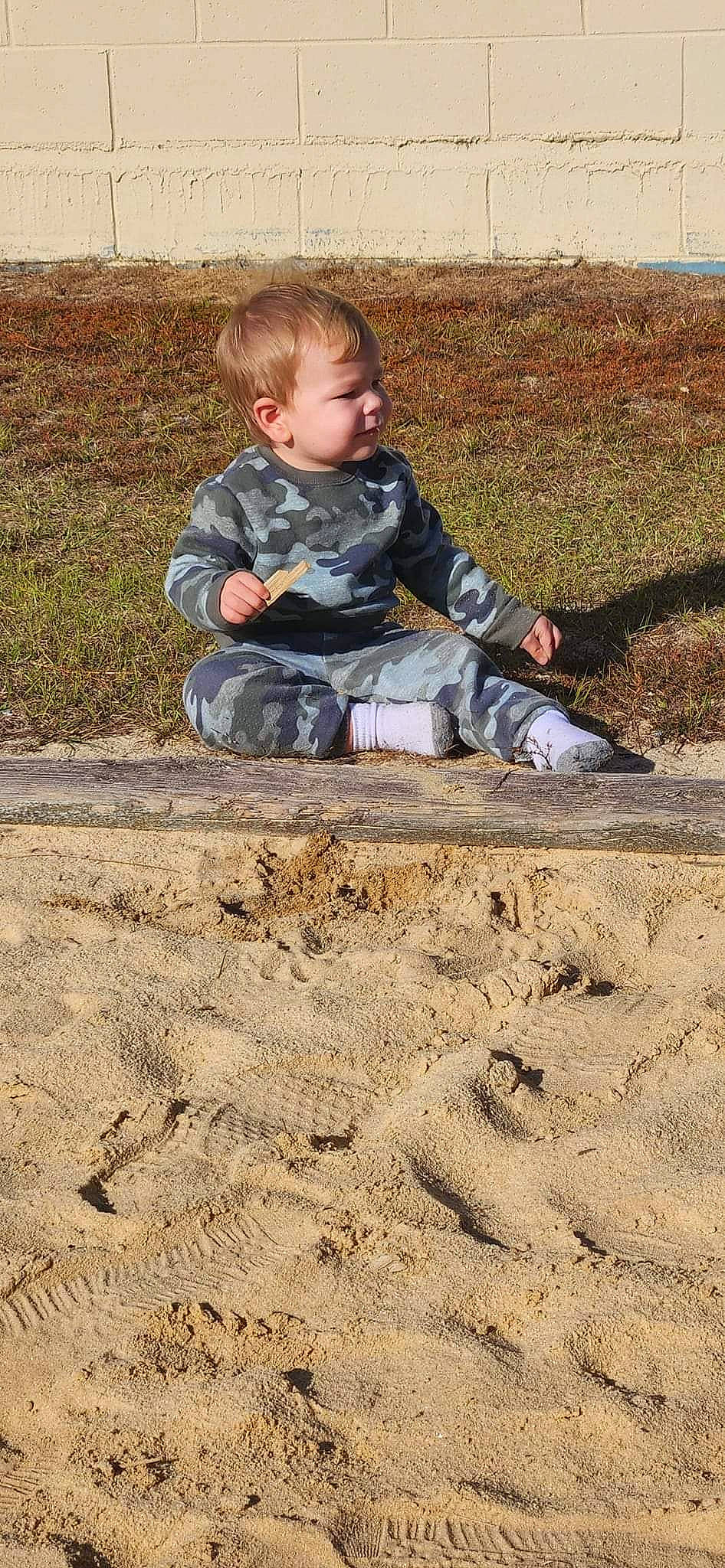 Logan joined the competition — help win amazing prizes! baby, baby_toddler_clothing, child, clothing, fun, grass, landscape, people_in_nature, person, play, sand, shadow, sitting, sleeve, soil, toddler, wood