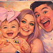 Isabella is registered to the contest to win money with this photo: baby, pink_bow, headband, smile, family, woman, man, portrait, close_up, green_eyes, laughing, cheerful, pastel_background, stylized, infant, parents, happy, clothing, earring, playful