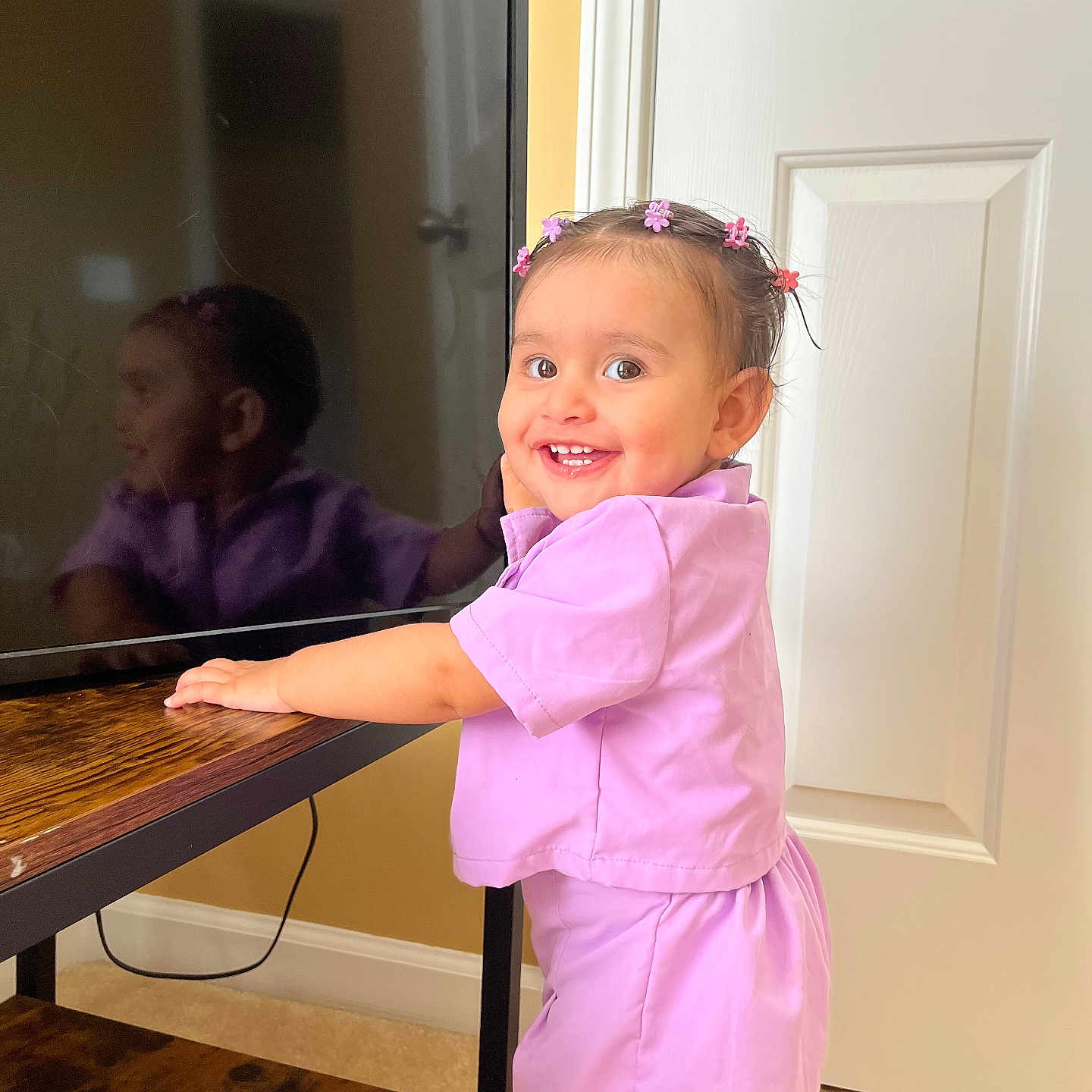 Violet joined the competition — help win amazing prizes! child, clothing, desk, door, dress, face, female, furniture, girl, hardwood, head, indoors, interiordesign, person, photography, plywood, portrait, purple, table, wood