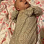 baby, infant, newborn, leopard_print, blanket, pattern, clothing, cute, lying_down, face, small_hands, soft_fabric, indoor, cozy, sleepwear, child, adorable, portrait, looking_up, bed
