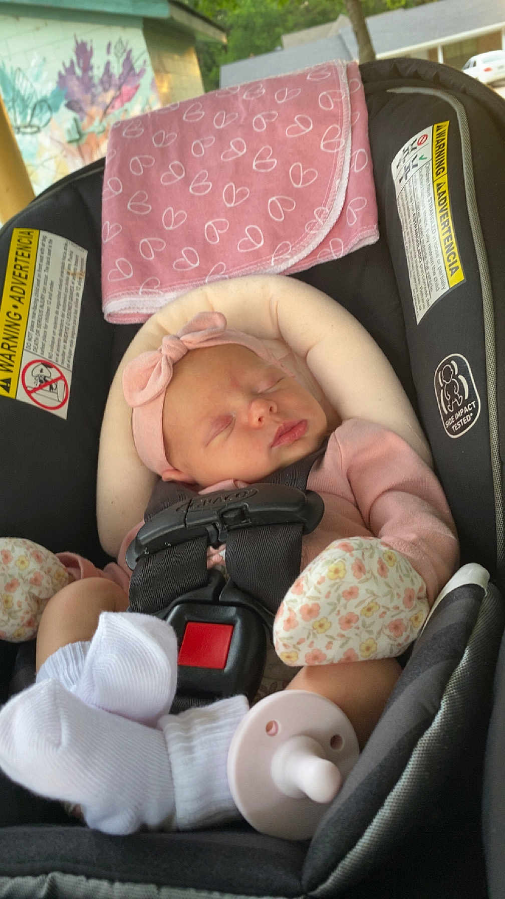 Callia joined the competition — help win amazing prizes! baby, newborn, sleeping, car_seat, pacifier, pink_headband, mittens, blanket, safety_strap, infant, cute, outdoor, child, peaceful, soft, clothing, resting, adorable, headwear, baby_accessory