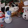 cat, black_and_white_cat, orange_cat, christmas_tree, christmas_decorations, snowman, tinsel, pinecone, festive, holiday, indoor, curious, animal, pet, celebration, ornament, greenery, table, holiday_spirit, cute