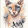 Arya participe au concours pour gagner de l'argent avec cette photo : watercolor, painting, cat, blue_eyes, portrait, artistic, splashes, colorful, animal, unique_pattern, ears, whiskers, face, drips, name_text, cursive_text, background, paper_texture, illustration, creative