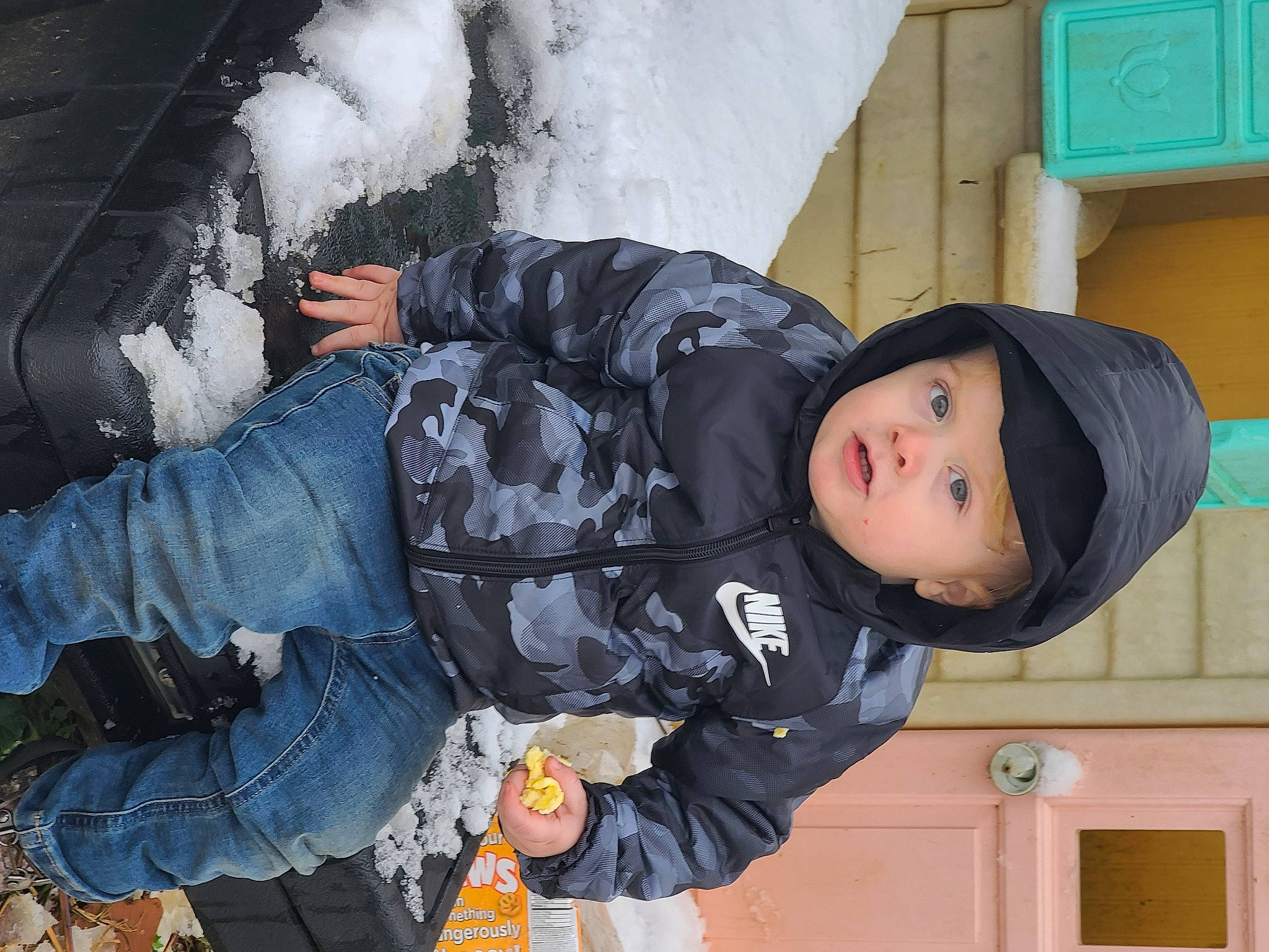 Jaxon And Joey joined the competition — help win amazing prizes! baby_toddler_clothing, child, denim, freezing, fun, fur, hat, headgear, headwear, hoodie, jacket, outerwear, parka, person, sitting, sleeve, snow, toddler, tree, windbreaker