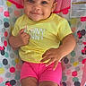 baby, child, pink_bow, yellow_shirt, pink_shorts, smiling, cute, baby_seat, colorful, polka_dots, headband, infant, happy, portrait, indoors, toddler, fashion, playful, skin, face