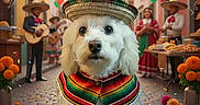 Max joined the competition — help win amazing prizes! balloons, buildings, celebration, colorful, confetti, dog, festive, flowers, mariachi, mexican_culture, musicians, outdoor, party, paved_street, people, poncho, sombrero, street, traditional_clothing, white_dog