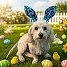 Max is registered to the contest to win money with this photo: animal, blue_sky, bunny_ears, colorful, cute, decorations, dog, easter_eggs, festive, flowers, garden, grass, holiday, nature, outdoor, pet, spring, sunlight, white_picket_fence, yellow_chicks