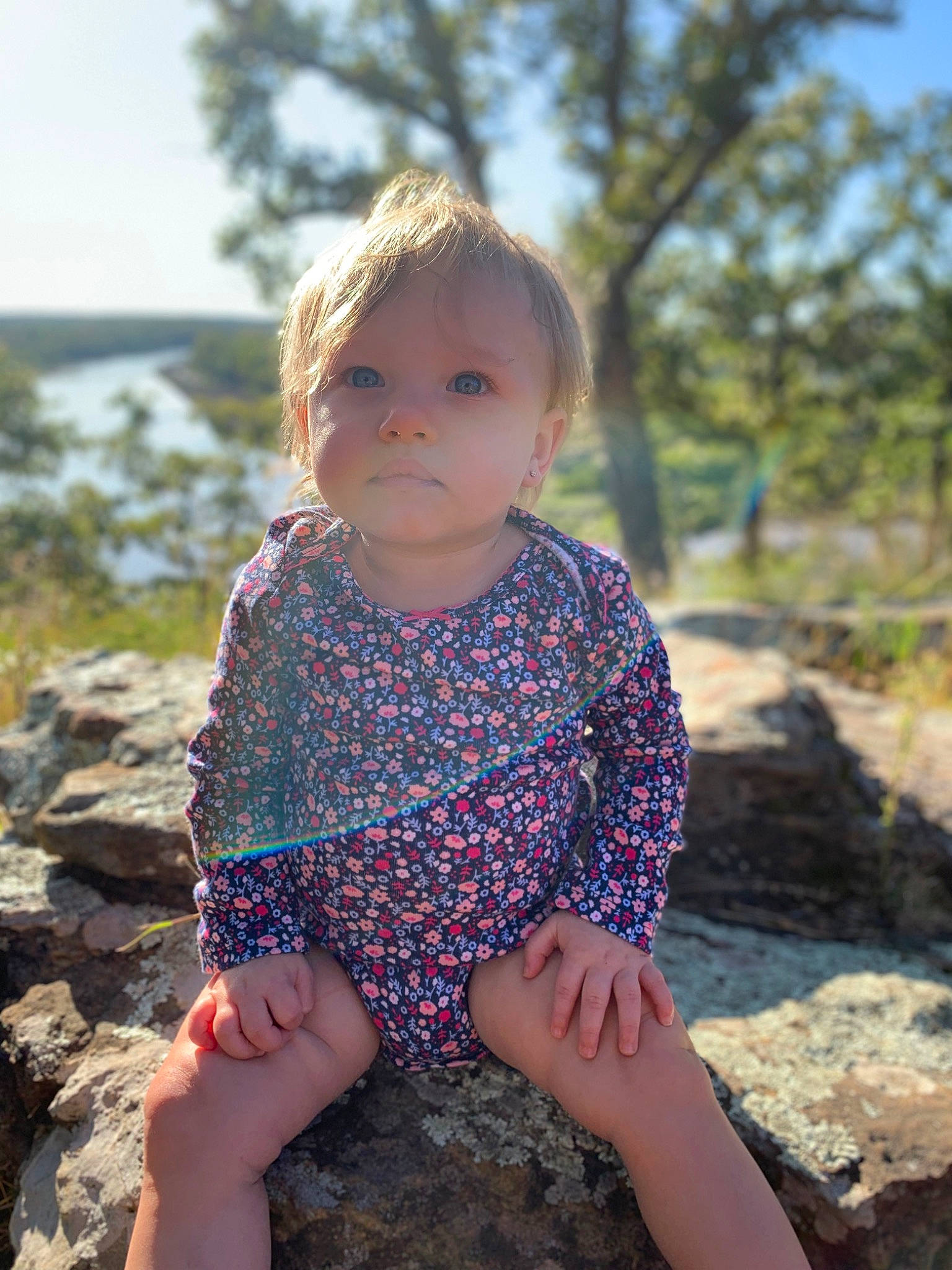 Addison joined the competition — help win amazing prizes! beauty, blond, child, design, dress, eye, face, grass, leg, pattern, person, photography, pink, rock, sitting, skin, smile, summer, toddler, tree