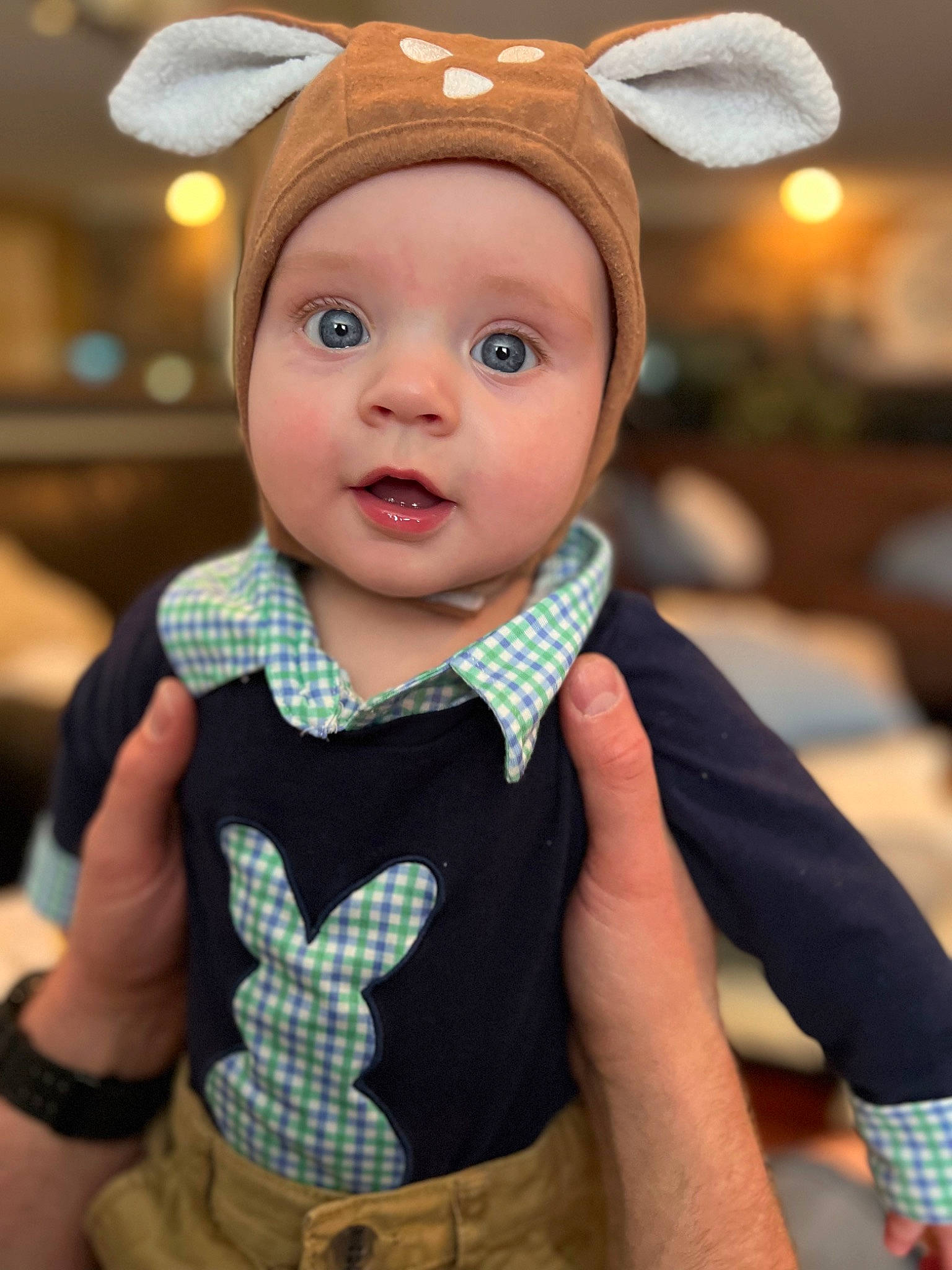 Archer joined the competition — help win amazing prizes! baby, baby_toddler_clothing, cap, child, costume_hat, event, face, fashion_accessory, fun, happy, hat, headwear, pattern, person, plaid, portrait_photography, sitting, sleeve, sun_hat, t_shirt