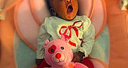 Zanayla joined the competition — help win amazing prizes! baby, infant, yawning, stuffed_toy, pink_bear, cushioned_seat, soft_toys, clothing, white_top, red_pants, footprints, abc_blocks, adorable, cute, sleepy, portrait, child, indoor, comfort, baby_care