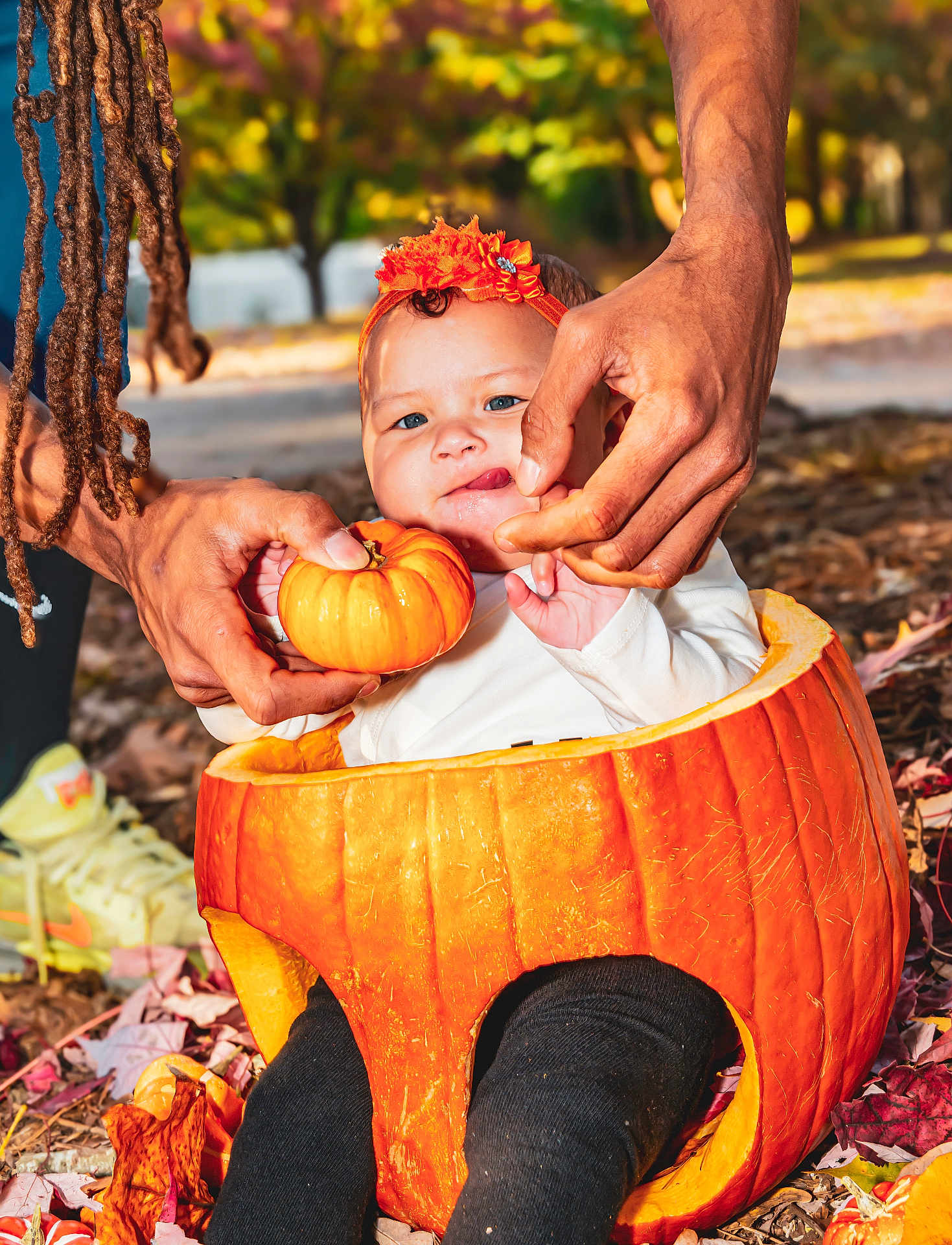 Raelynn is registered to the contest to win money with this photo: baby, pumpkin, autumn_leaves, fall, orange_headband, black_leggings, hands, outdoor, nature, cute, child, seasonal, harvest, holiday, person, smiling, park, decoration, festive, portrait