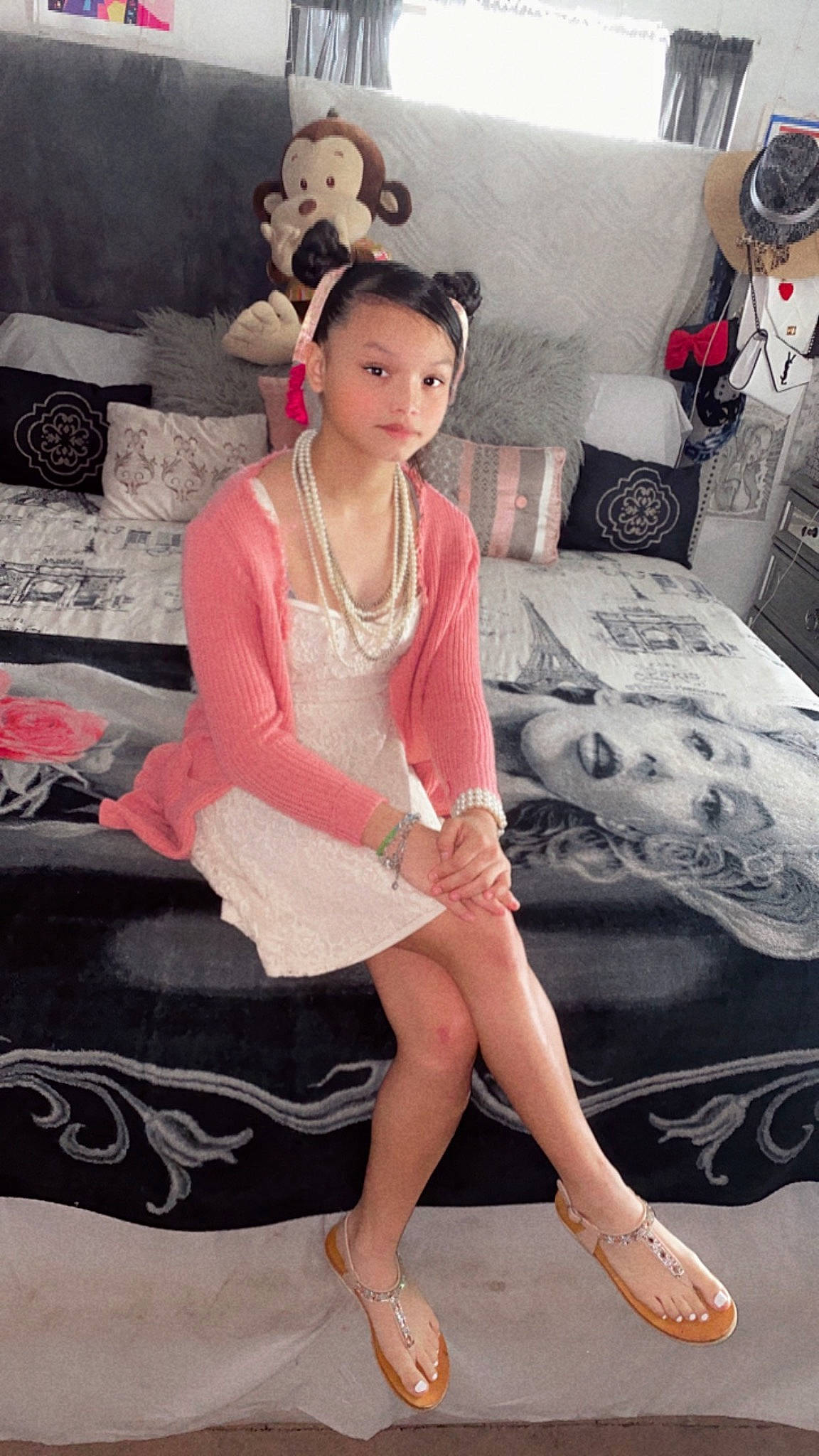 Angel Reyna joined the competition — help win amazing prizes! black_hair, dress, embellishment, fashion, fashion_design, flooring, hair, hand, human_leg, jewellery, leg, long_hair, magenta, neck, person, pink, sleeve, textile, thigh, toy