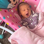 Neveah joined the competition — help win amazing prizes! adorable, baby, baby_seat, blanket, carpet, child, comfort, cute, face, indoor, infant, minnie_mouse, newborn, pink_blanket, polka_dots, purple_clothing, resting, sleepy, soft_texture, yawning