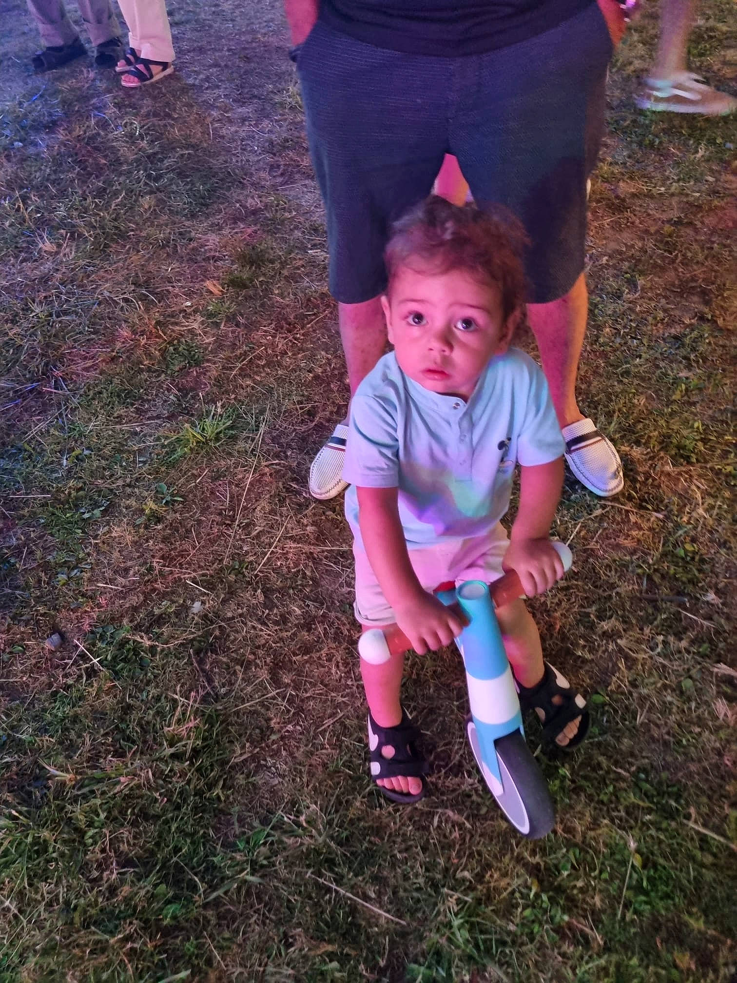 Kevin participe au concours pour gagner de l'argent avec cette photo : baby_toddler_clothing, child, fun, gesture, grass, hand, happy, human_leg, lawn, magenta, people_in_nature, person, pink, plant, purple, sandal, sneakers, soil, surprise, toddler