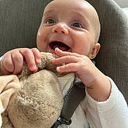 Constant participe au concours pour gagner de l'argent avec cette photo : baby, child, closeup, clothing, cute, expression, face, hand, happy, harness, indoors, infant, joy, person, plush_toy, seat, skin, smile, soft_toy, young