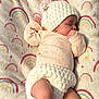 Delilah is registered to the contest to win money with this photo: baby, newborn, sleeping, knitted_hat, knitted_diaper_cover, blanket, rainbow_pattern, soft_texture, infant, cute, cozy, child, resting, pink_clothing, small_hands, peaceful, indoors, portrait, toddler, lying_down